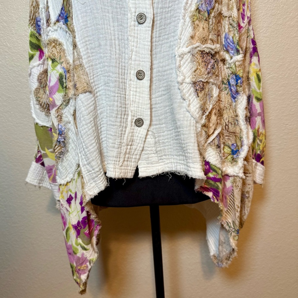 Pol Spliced Patchwork Mixed Media Button Up Boho … - image 4